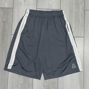 Reebok small grey athletic basketball shorts with white stripes speedwick